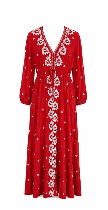 Free People Dresses & Skirts - Free People Red Embroidered Boho Maxi Dress Long Sleeve Tie Front Size M
